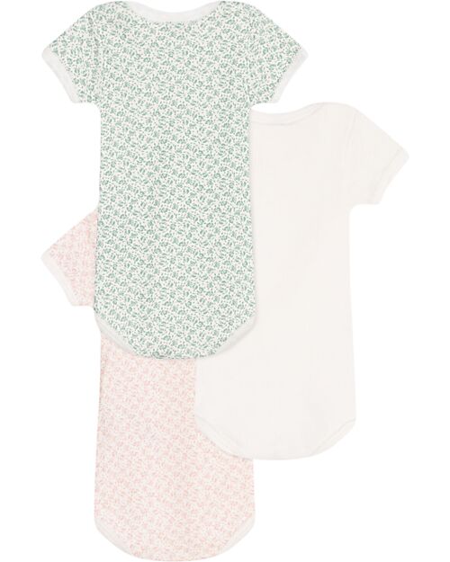 Petit Bateau Set 3 Body a Maniche Corte - Bianco Rosa e Verde - Fiori - 100% Cotone Body Manica Corta