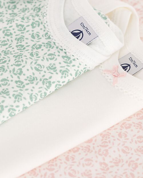 Petit Bateau Set 3 Body a Maniche Corte - Bianco Rosa e Verde - Fiori - 100% Cotone Body Manica Corta