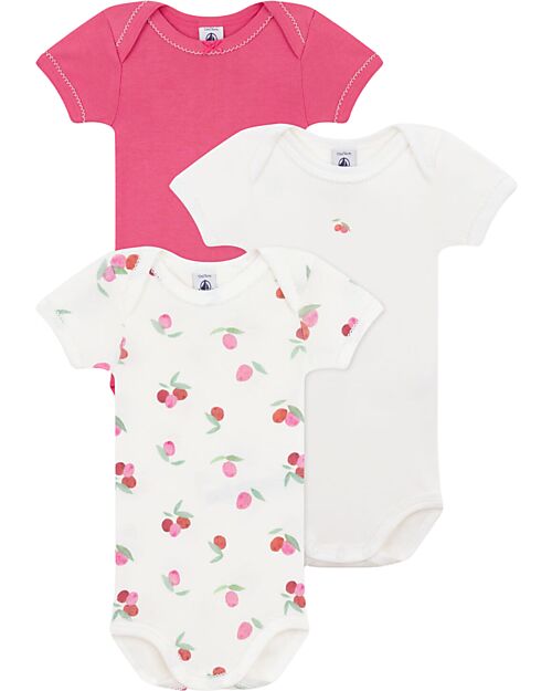 Petit Bateau Set 3 Body a Maniche Corte - Bianco - Rosso - Frutti - 100% Cotone Body Manica Corta
