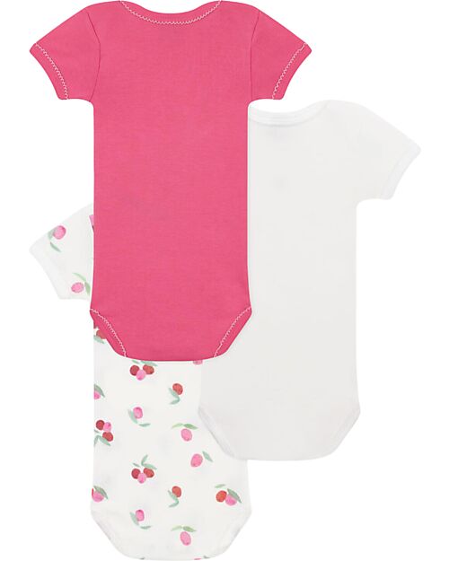 Petit Bateau Set 3 Body a Maniche Corte - Bianco - Rosso - Frutti - 100% Cotone Body Manica Corta