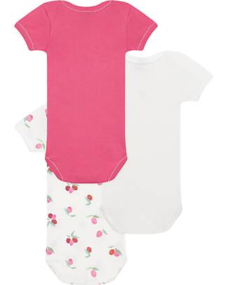 Petit Bateau Set 3 Body a Maniche Corte - Bianco - Rosso - Frutti - 100% Cotone Body Manica Corta