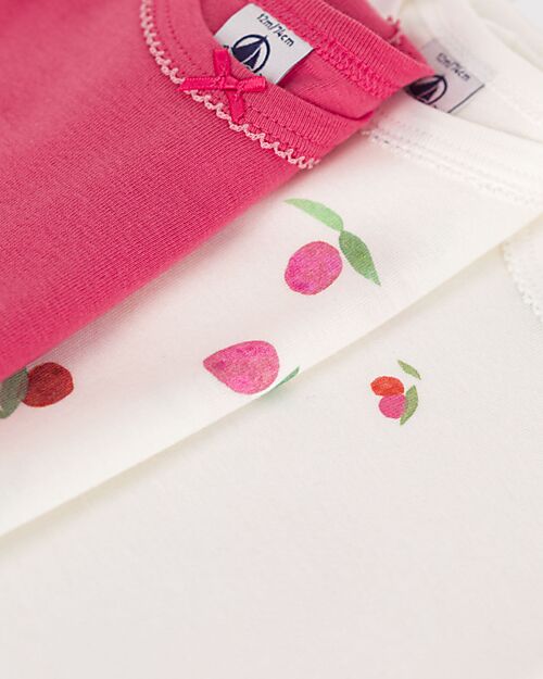 Petit Bateau Set 3 Body a Maniche Corte - Bianco - Rosso - Frutti - 100% Cotone Body Manica Corta