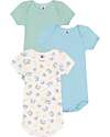 Petit Bateau Set 3 Body a Maniche Corte - Bianco - Verde millerighe - Furgoni - 100% Cotone Body Manica Corta