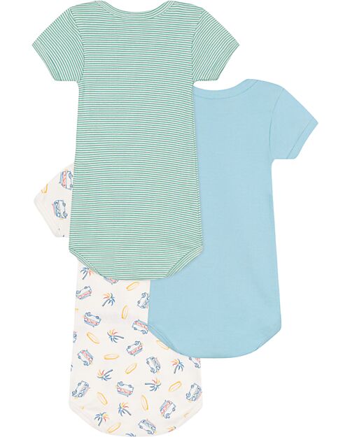 Petit Bateau Set 3 Body a Maniche Corte - Bianco - Verde millerighe - Furgoni - 100% Cotone Body Manica Corta