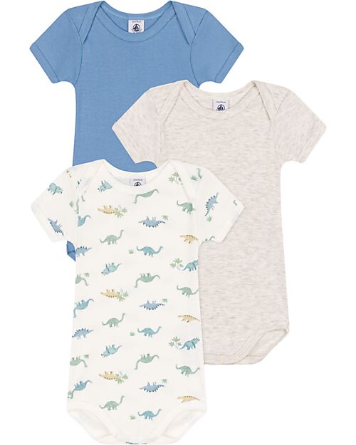 Petit Bateau Set 3 Body a Maniche Corte - Grigio e Blu - Dinosauri - 100% Cotone Body Manica Corta