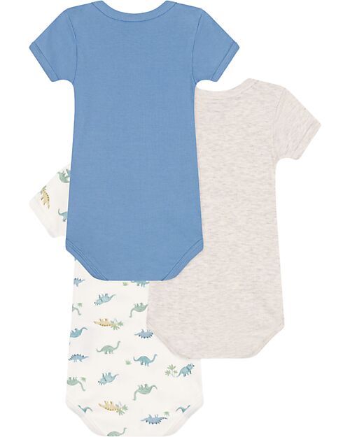 Petit Bateau Set 3 Body a Maniche Corte - Grigio e Blu - Dinosauri - 100% Cotone Body Manica Corta