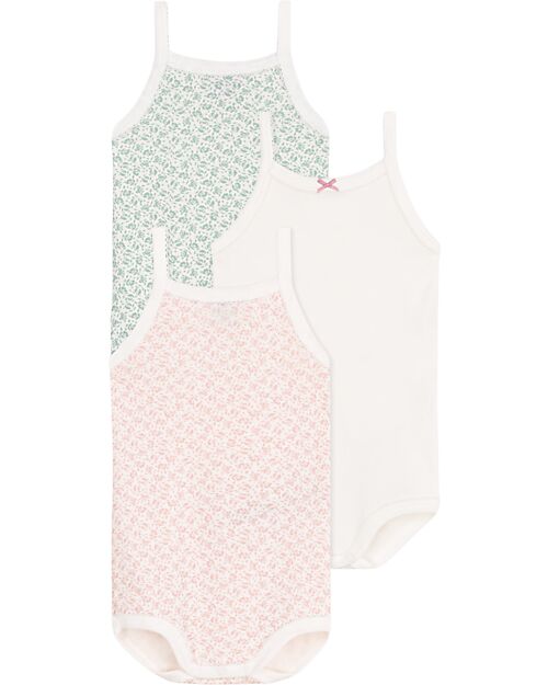 Petit Bateau Set 3 Body con Spalline - Bianco - Rosa - Verde - Fiori - 100% Cotone Body Manica Corta