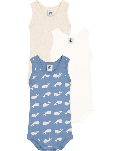 Petit Bateau Set 3 Body con Spalline - Blu e Bianco - Balene - Cotone Bio Body Manica Corta