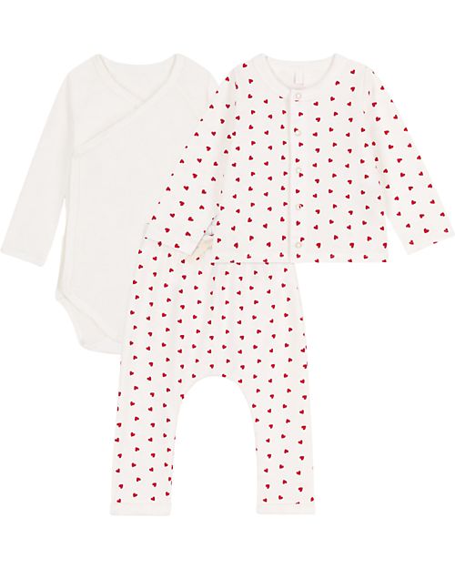 Petit Bateau Set 3 Pezzi - Body - Cardigan e Pantalone - Fantasia Cuoricino Completi e Set