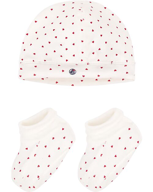 Petit Bateau Set Cappello e Babbucce - Cuori - Cotone Organico Cappelli Neonato
