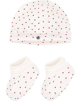 Petit Bateau Set Cappello e Babbucce - Cuori - Cotone Organico Cappelli Neonato