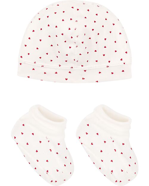 Petit Bateau Set Cappello e Babbucce - Cuori - Cotone Organico Cappelli Neonato