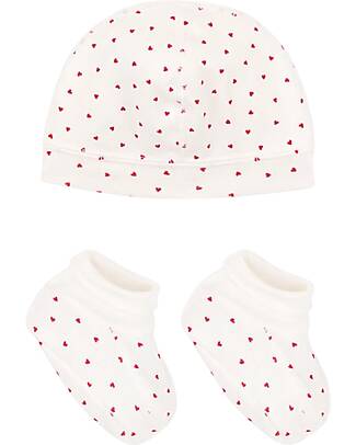Petit Bateau Set Cappello e Babbucce - Cuori - Cotone Organico Cappelli Neonato