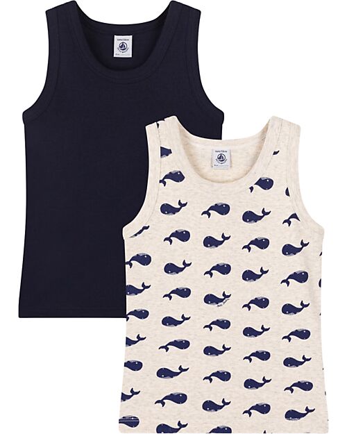 Petit Bateau Set di 2 Canottiere - Nero - Grigio - Balene- 100% Cotone Bio Canottiere