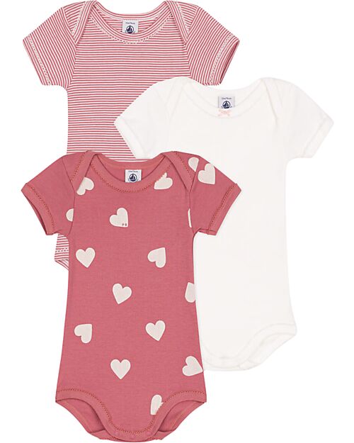 Petit Bateau Set di 3 Body a Maniche Corte - Bianco - Rosa Millerighe- Cuori - 100% Cotone Body Manica Corta