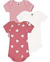Petit Bateau Set di 3 Body a Maniche Corte - Bianco - Rosa Millerighe- Cuori - 100% Cotone Body Manica Corta