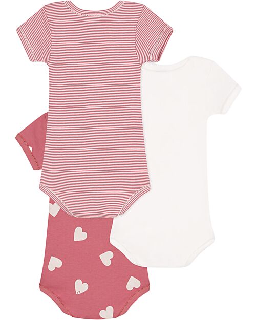 Petit Bateau Set di 3 Body a Maniche Corte - Bianco - Rosa Millerighe- Cuori - 100% Cotone Body Manica Corta