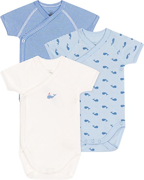 Petit Bateau Set di 3 body incrociati a maniche corte - Bianco - Celeste Millerighe - Balene - 100% Cotone Body Manica Corta