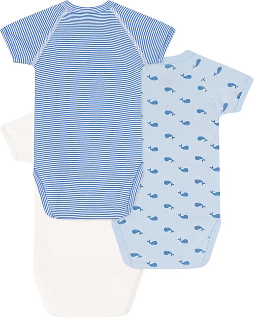 Petit Bateau Set di 3 body incrociati a maniche corte - Bianco - Celeste Millerighe - Balene - 100% Cotone Body Manica Corta