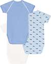 Petit Bateau Set di 3 body incrociati a maniche corte - Bianco - Celeste Millerighe - Balene - 100% Cotone Body Manica Corta