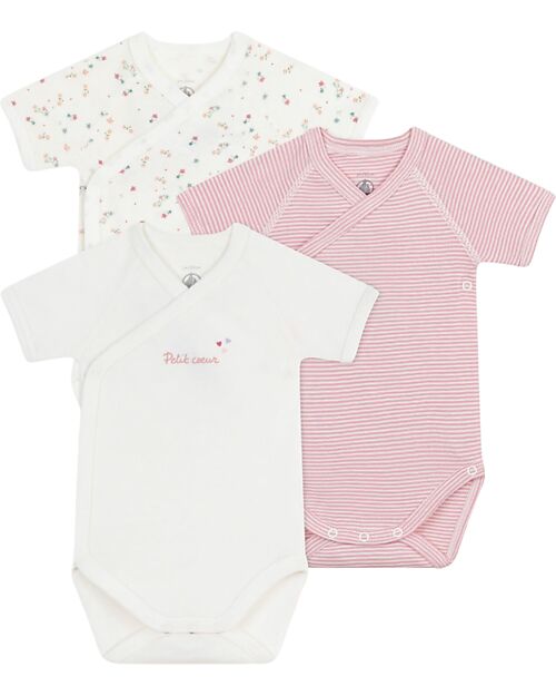 Petit Bateau Set di 3 body incrociati a maniche corte - Bianco e Rosso - Millerighe - Stelle - 100% Cotone Body Manica Corta