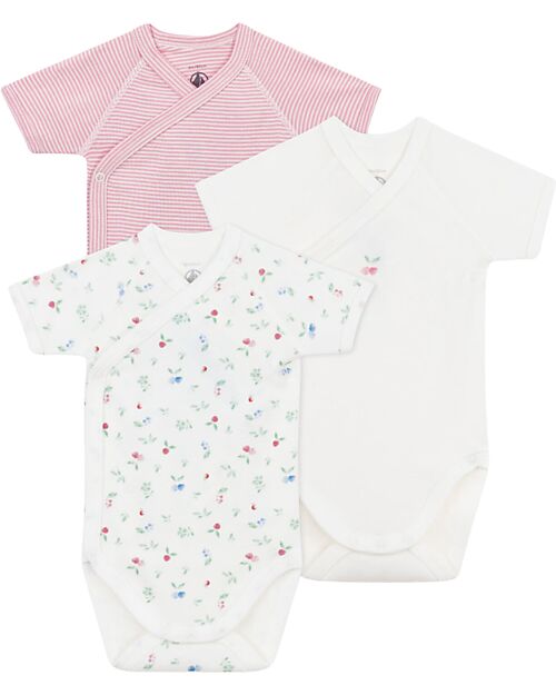 Petit Bateau Set di 3 body incrociati a maniche corte - Bianco - Rosa Millerighe - Frutti - 100% Cotone Body Manica Corta