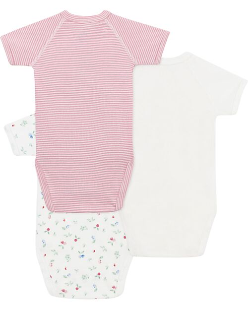 Petit Bateau Set di 3 body incrociati a maniche corte - Bianco - Rosa Millerighe - Frutti - 100% Cotone Body Manica Corta