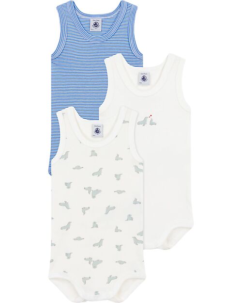 Petit Bateau Set di 3 Body Senza Maniche Set - Bianco - Blu millerighe - Foche - 100% Cotone Body Manica Corta