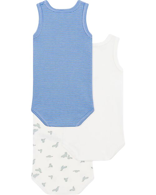 Petit Bateau Set di 3 Body Senza Maniche Set - Bianco - Blu millerighe - Foche - 100% Cotone Body Manica Corta