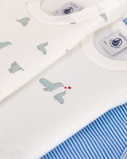 Petit Bateau Set di 3 Body Senza Maniche Set - Bianco - Blu millerighe - Foche - 100% Cotone Body Manica Corta