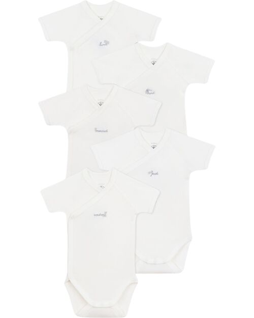 Petit Bateau Set di 5 Body Incrociati a Maniche Corte - Bianco - Animali - Giorni della Settimana - 100% Cotone Bio Body Manica Corta