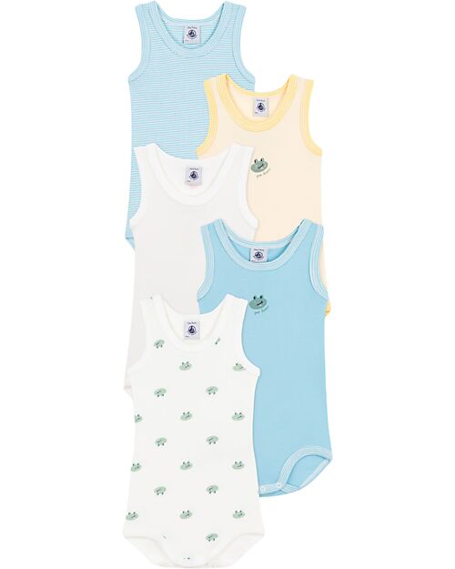 Petit Bateau Set di 5 Body Senza Maniche - Bianco - Rosa - Blu - Rana - Blu Millerighe - 100% Cotone Bio Body Manica Corta