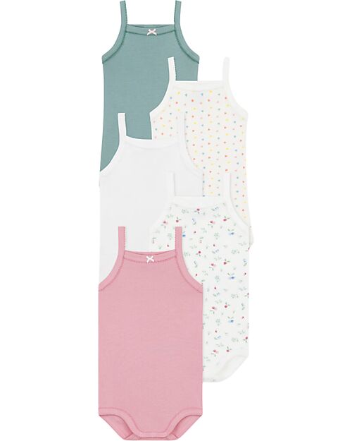 Petit Bateau Set di 5 Canottiere - Bianco - Rosa - Verde - Frutti - Cuori - 100% Cotone Bio Body Manica Corta