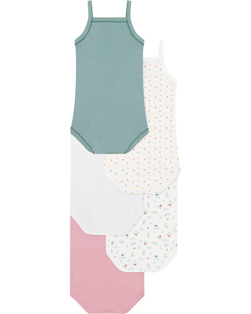 Petit Bateau Set di 5 Canottiere - Bianco - Rosa - Verde - Frutti - Cuori - 100% Cotone Bio Body Manica Corta