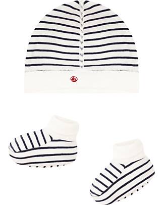 Petit Bateau Set Neonato Cuffietta e Babbucce - Righe Bianche e Blu - 100% Cotone Cappelli Neonato