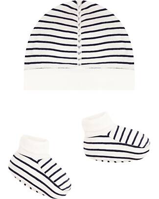 Petit Bateau Set Neonato Cuffietta e Babbucce - Righe Bianche e Blu - 100% Cotone Cappelli Neonato