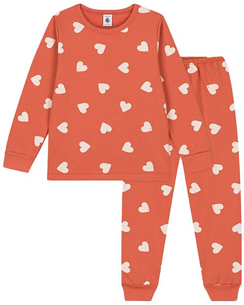 Petit Bateau Set Pigiama Felpato - Arancione con Cuoricini Bianchi Pigiami