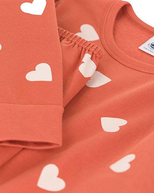 Petit Bateau Set Pigiama Felpato - Arancione con Cuoricini Bianchi Pigiami