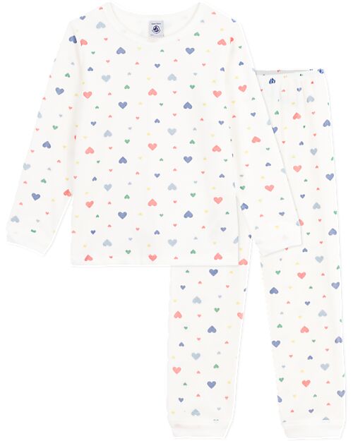 Petit Bateau Set Pigiama in Ciniglia - Maglia/Pantalone - Cuori - Bianco - 100% Cotone Pigiami