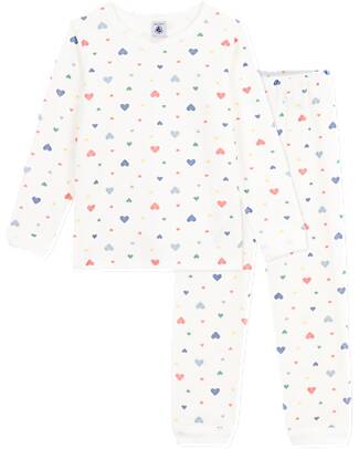 Petit Bateau Set Pigiama in Ciniglia - Maglia/Pantalone - Cuori - Bianco - 100% Cotone Pigiami