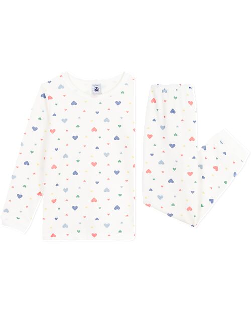 Petit Bateau Set Pigiama in Ciniglia - Maglia/Pantalone - Cuori - Bianco - 100% Cotone Pigiami