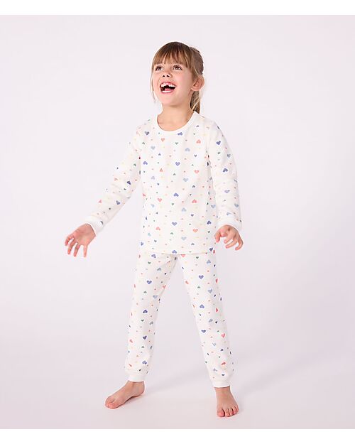 Petit Bateau Set Pigiama in Ciniglia - Maglia/Pantalone - Cuori - Bianco - 100% Cotone Pigiami