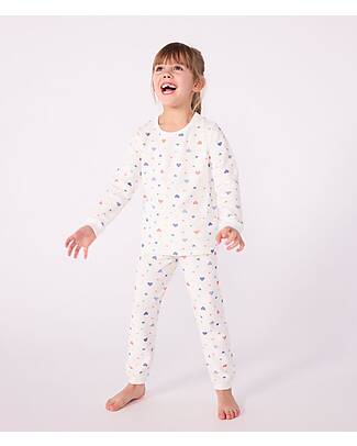 Petit Bateau Set Pigiama in Ciniglia - Maglia/Pantalone - Cuori - Bianco - 100% Cotone Pigiami
