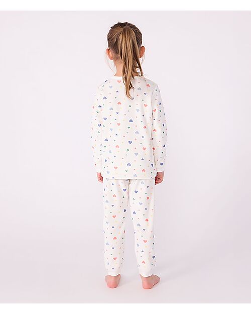 Petit Bateau Set Pigiama in Ciniglia - Maglia/Pantalone - Cuori - Bianco - 100% Cotone Pigiami