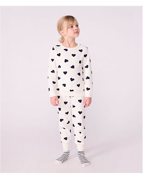 Petit Bateau Set Pigiama in Spugna di Cotone - Maglia/Pantalone - Cuori Blu - Bianco Pigiami