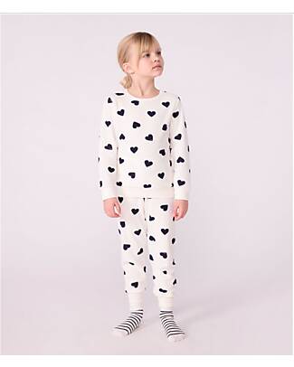 Petit Bateau Set Pigiama in Spugna di Cotone - Maglia/Pantalone - Cuori Blu - Bianco Pigiami
