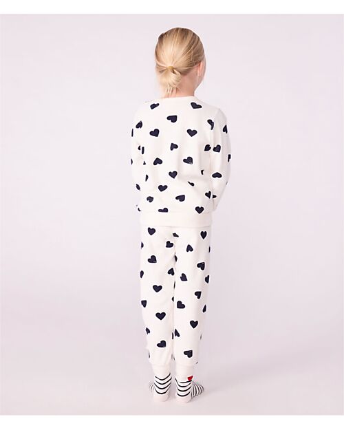 Petit Bateau Set Pigiama in Spugna di Cotone - Maglia/Pantalone - Cuori Blu - Bianco Pigiami