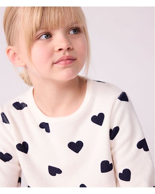 Petit Bateau Set Pigiama in Spugna di Cotone - Maglia/Pantalone - Cuori Blu - Bianco Pigiami