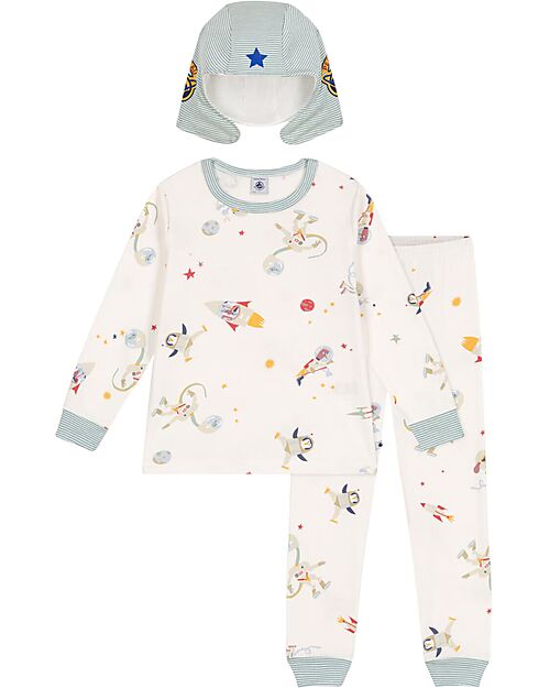 Petit Bateau Set Pigiama - Maglia/Pantalone + Casco Astronauta - Spazio - Bianco e Azzurro - 100% Cotone Pigiami
