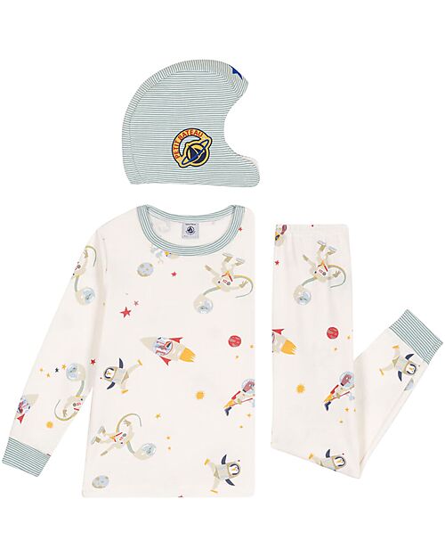 Petit Bateau Set Pigiama - Maglia/Pantalone + Casco Astronauta - Spazio - Bianco e Azzurro - 100% Cotone Pigiami